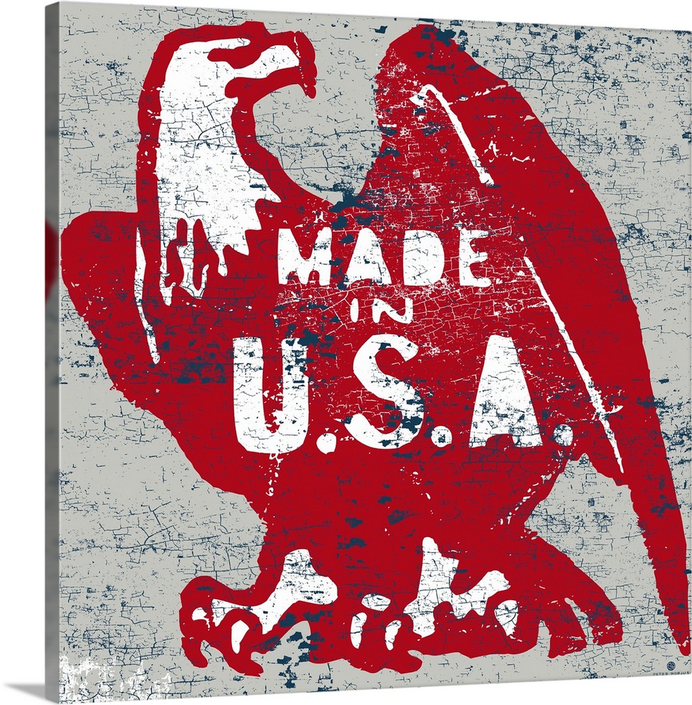 Distressed image of a red American eagle with "Made in the USA" typography on a white and rust background.