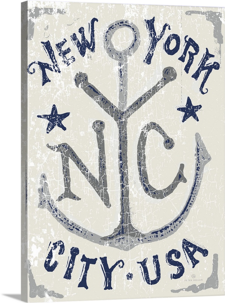 Illustrated vintage, worn artwork of an anchor and typography that reads New York City, USA.