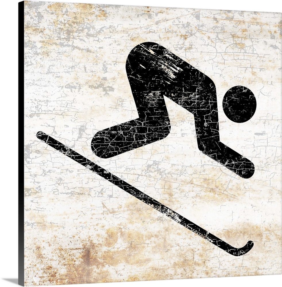 A worn, distressed, cracked and rusty downhill skier sign.