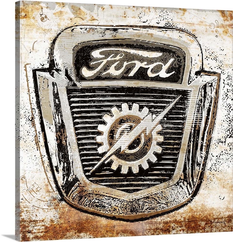 A worn, distressed, cracked and rusty Ford emblem sign on a white background.