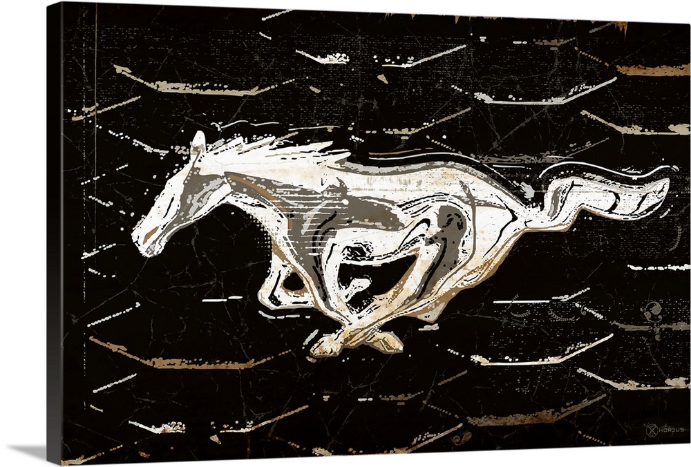 A worn, distressed, cracked and rusty Ford running horse logo graphic.
