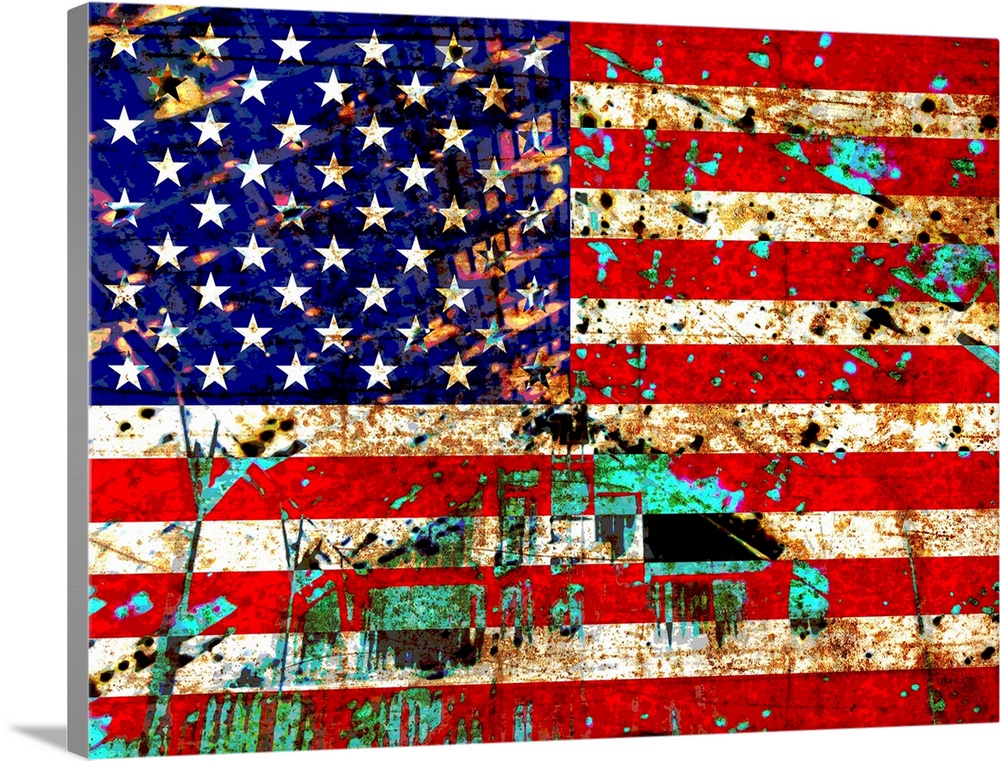 A torn and distressed american flag with an old barn and rust texture in the background.
