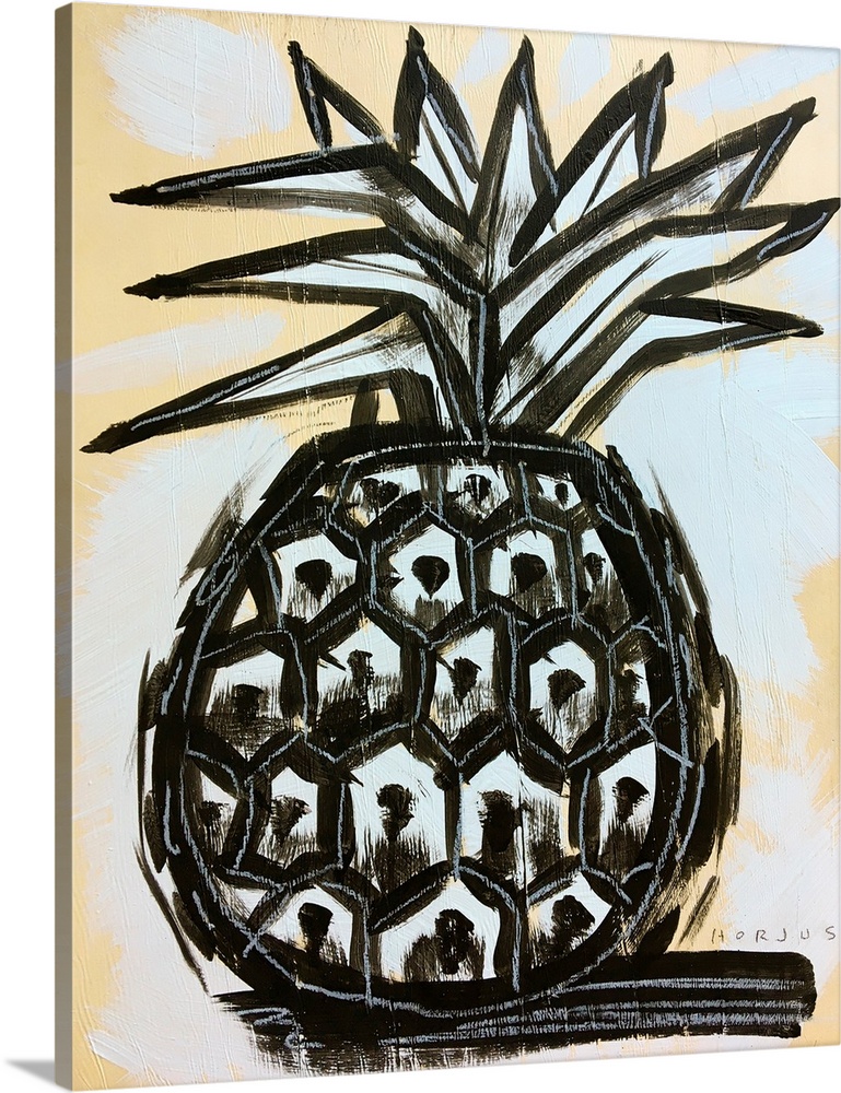 Pineapple painted in a simple graphic brush strokes, in black and white, on light background.