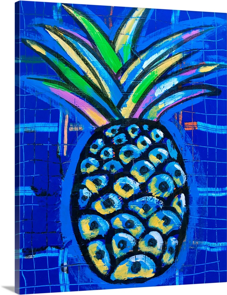 Pineapple painted in vibrant multi-colors on a midnight blue background.
