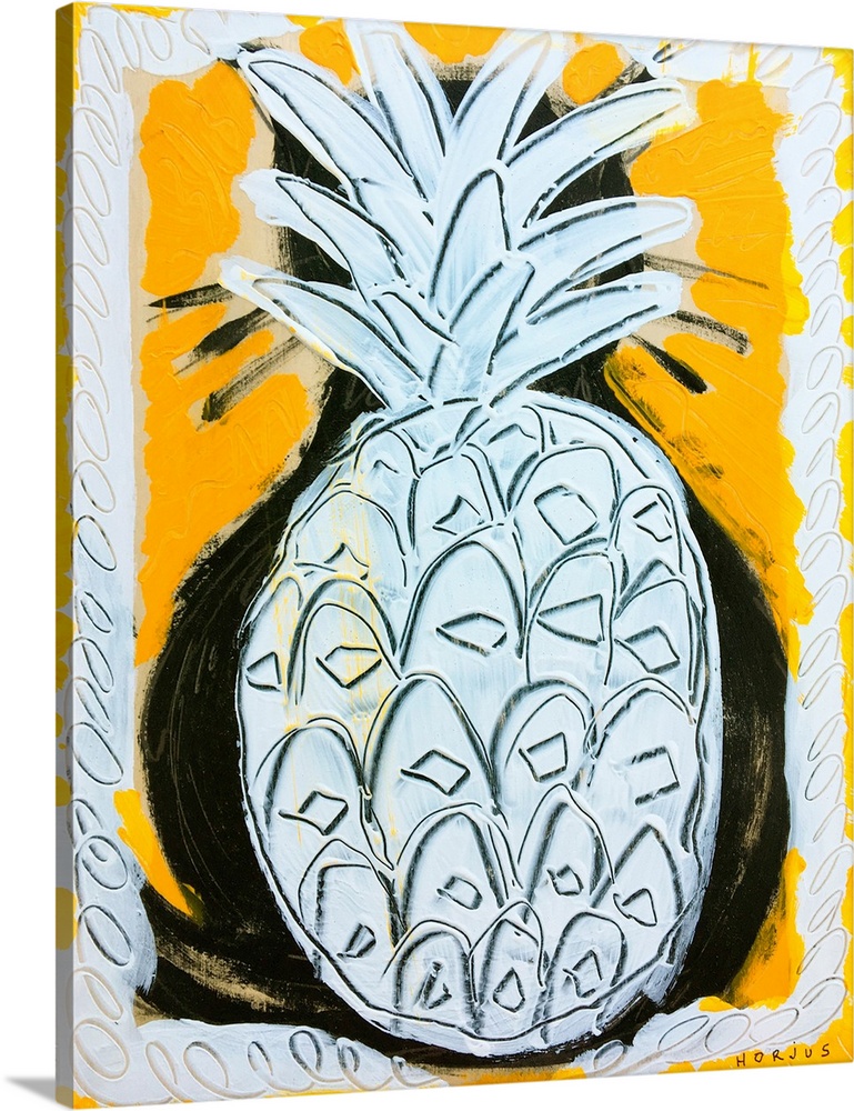 Pineapple painted white for its body and leaves on a yellow graphic background.