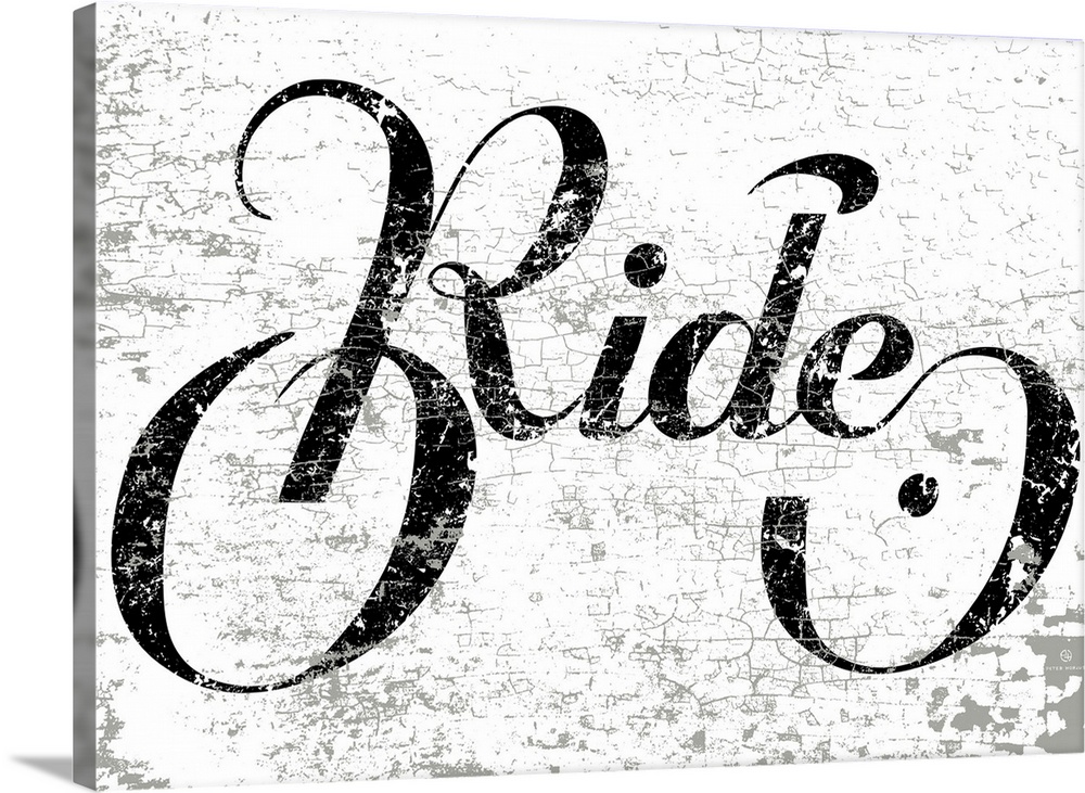 Hand lettered script font of the word Ride in the shape of a bike.