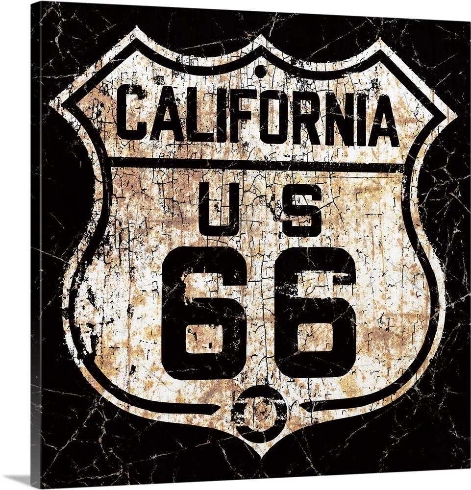 A back and white, worn, distressed and rusty vintage Route 66 street sign.