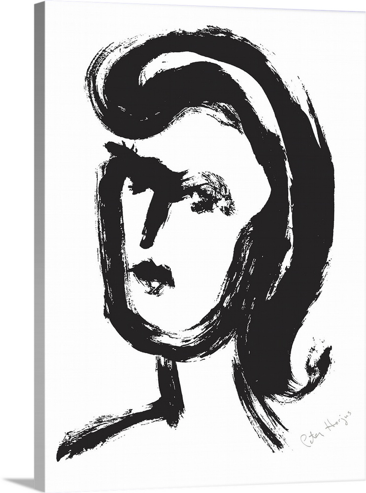 A quick black brush illustration of a young woman's face.