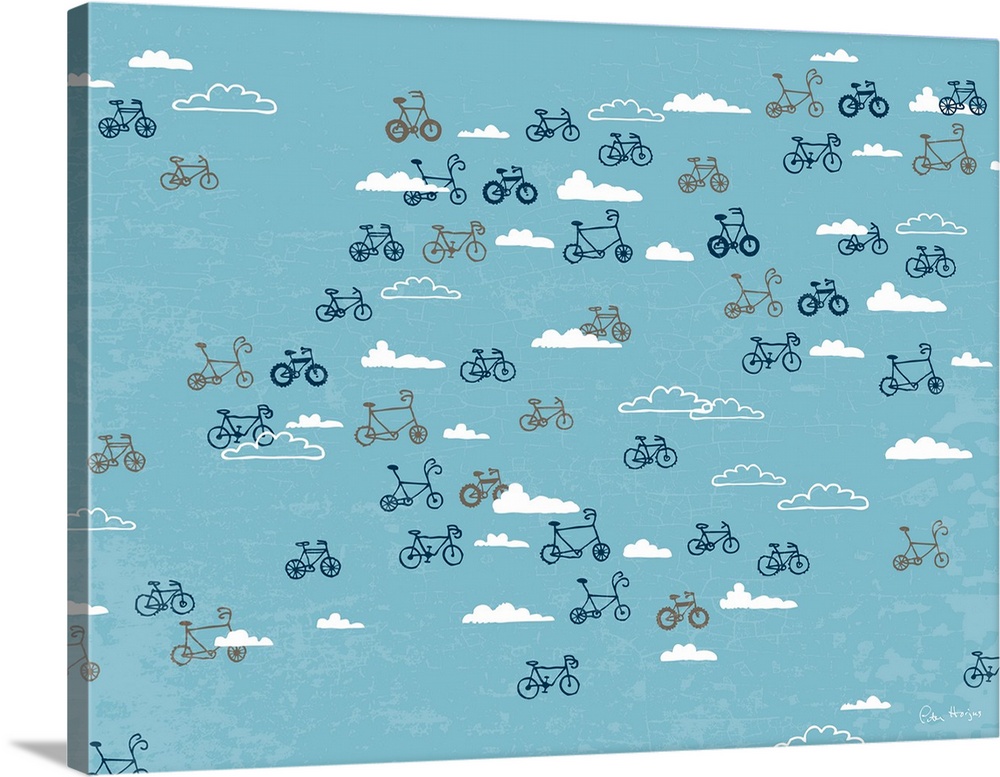 A variety of bikes floating in the blue sky surrounded by white clouds.