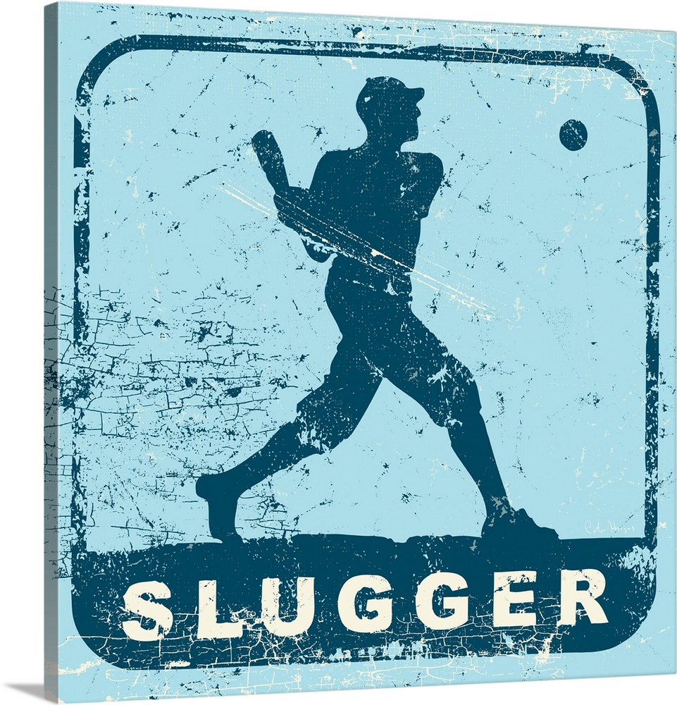 Distressed retro logo image of a baseball player swinging a baseball bat.