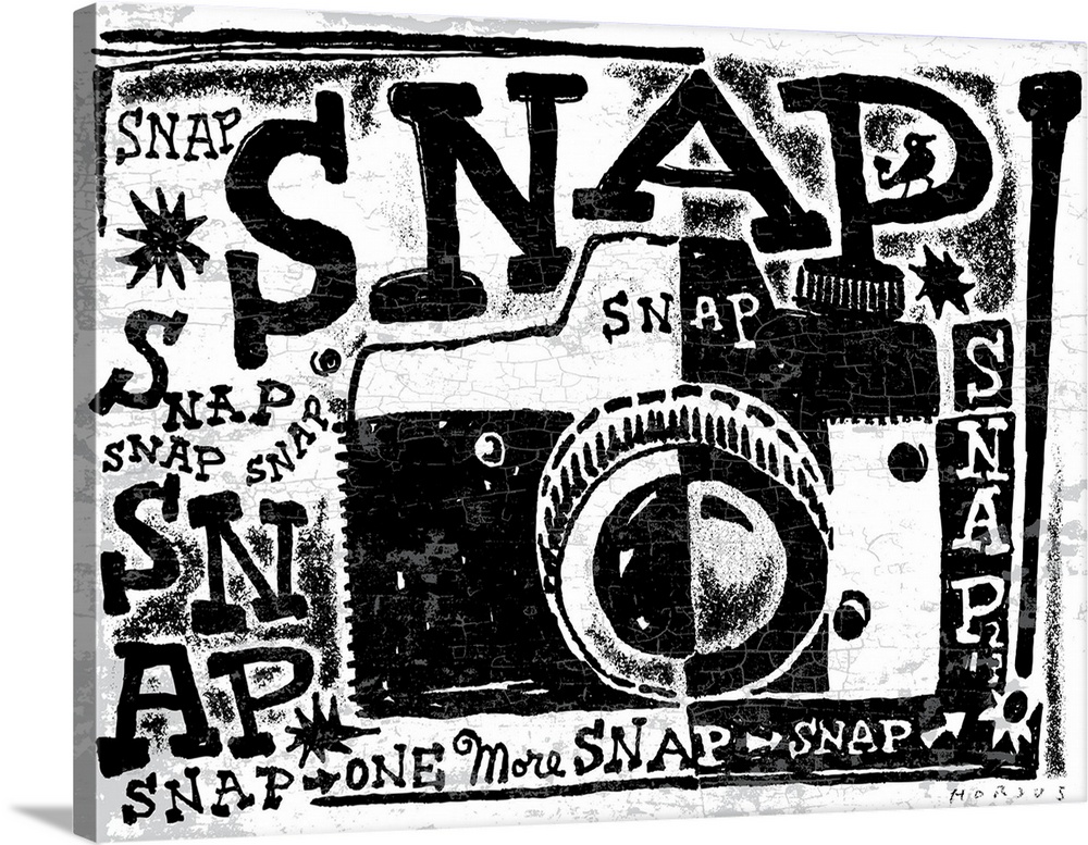 Black and white stylized illustrated camera with the word “Snap!” repeated all over.