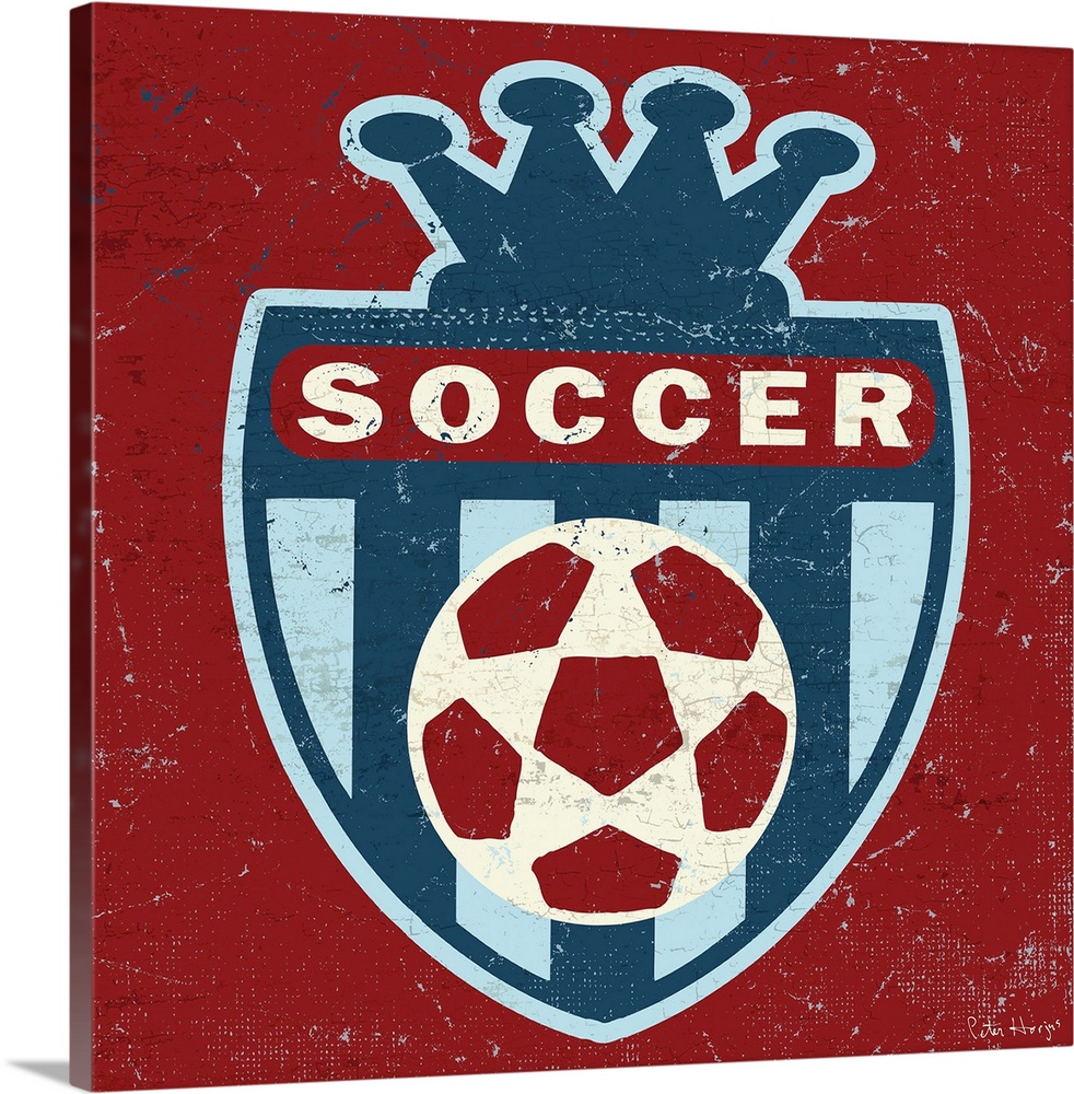Distressed  traditional soccer crest with soccer ball in the middle.