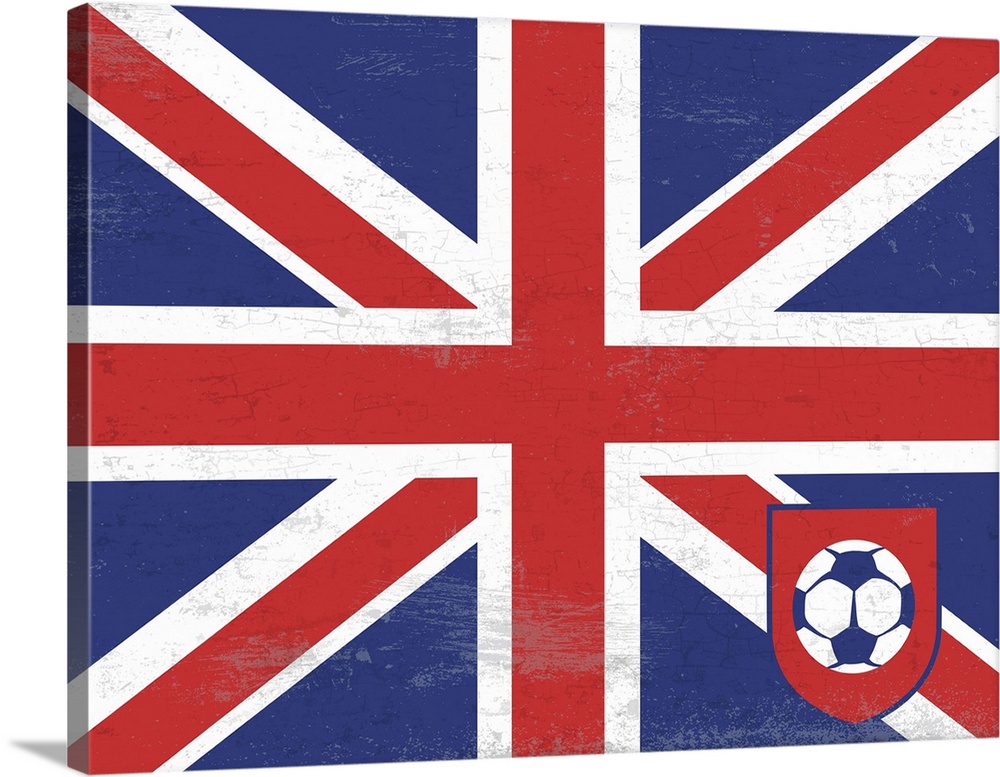 Flag of England with soccer crest with soccer ball.