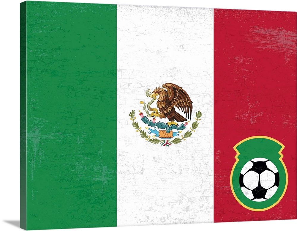 Flag of Mexico with soccer crest with soccer ball.