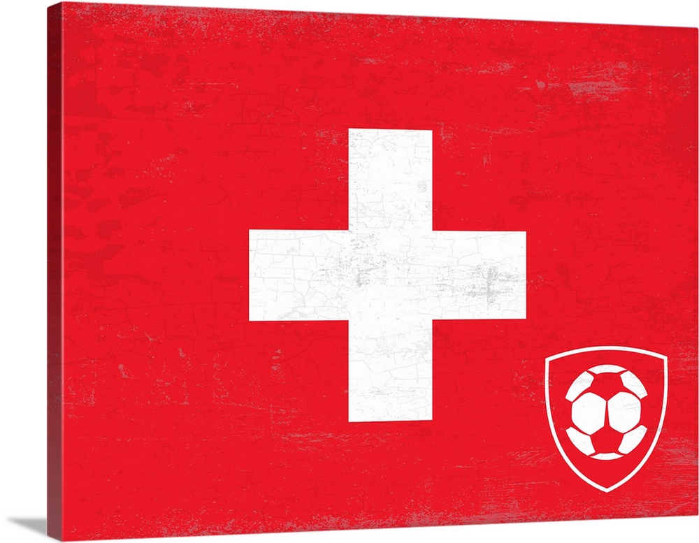 Flag of Switzerland with soccer crest with soccer ball.