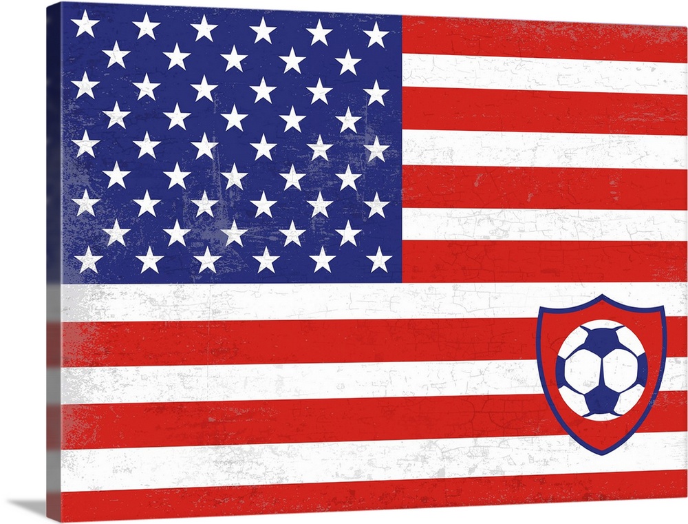 Flag of the United Staes of America with soccer crest with soccer ball.