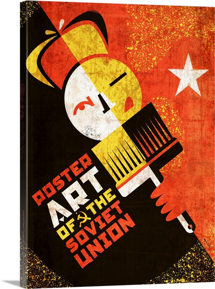 Constructivist design of an image of a man wearing a russian hat holding a poster brush.