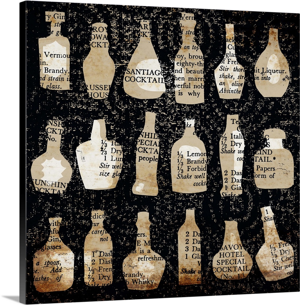 Graphic wall art of 18 spirits bottles on the wall with cocktail recipes overprinted on tan and sepia bottles on black dis...