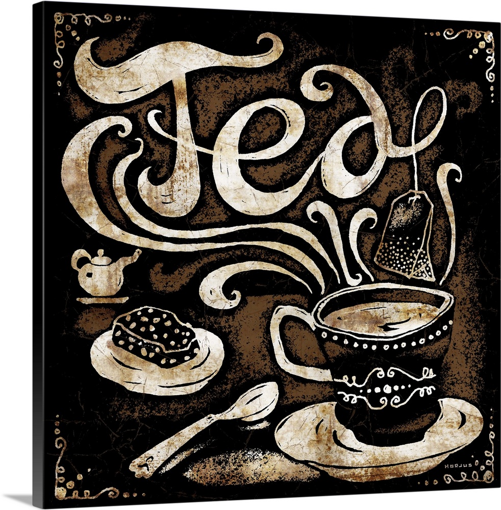 A fancy teacup, teapot and a teabag hanging from the illustrated cursive script word Tea on a black, brown, and rust backg...