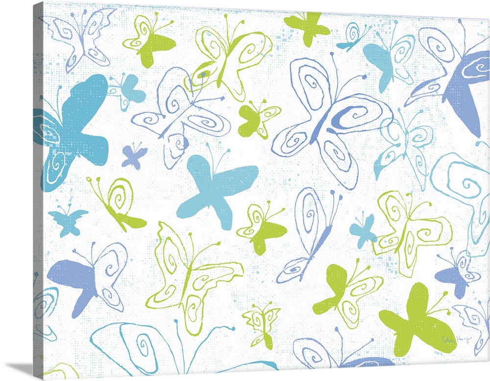 A group of pen and ink illustrated whimsical butterflies fluttering about on a white background.