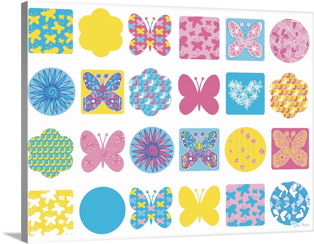 A graphic group of butterfly and flower icons on a white background.