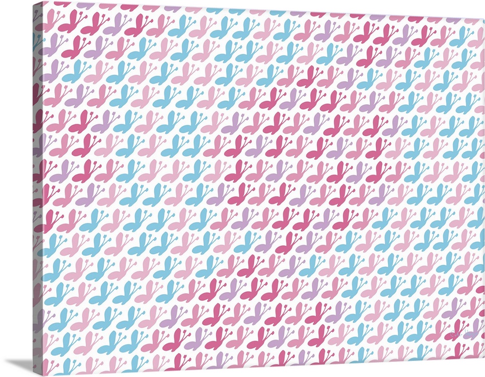 Graphic repeat pattern of pink and blue butterflies.