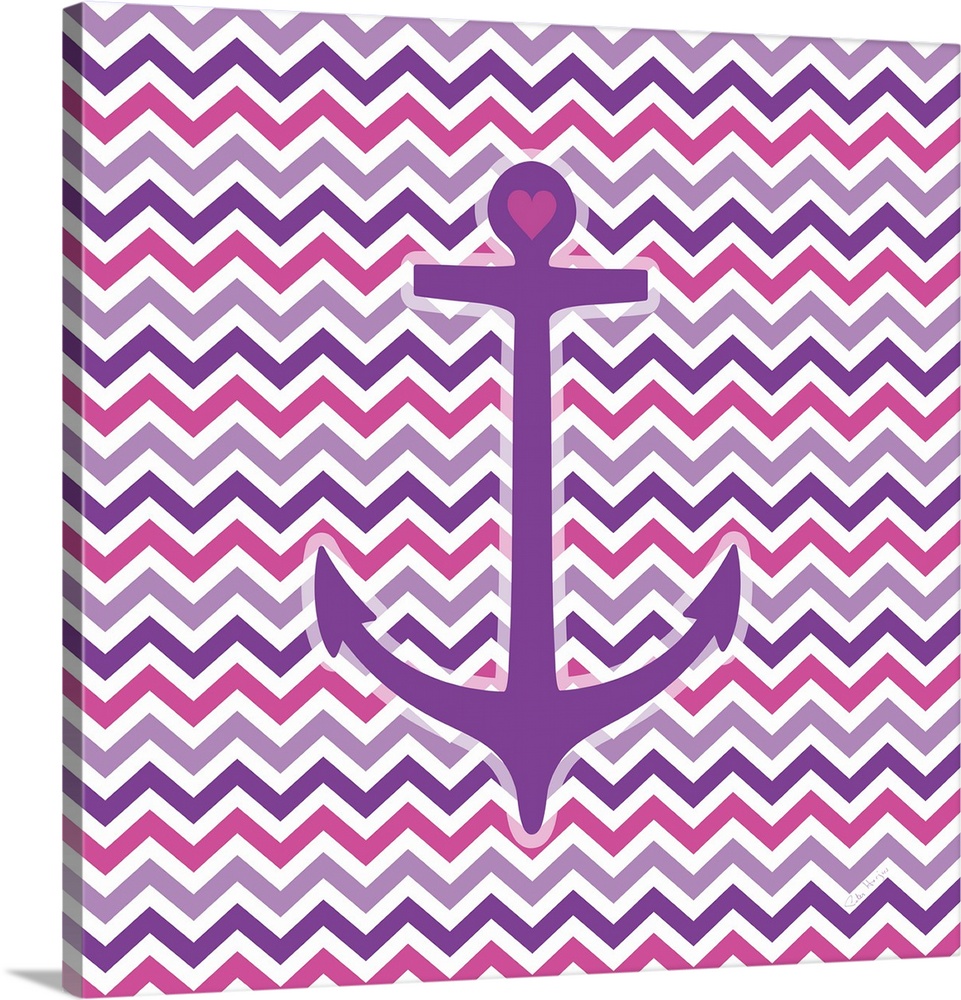 A graphic anchor with a pink and violet chevron pattern background.