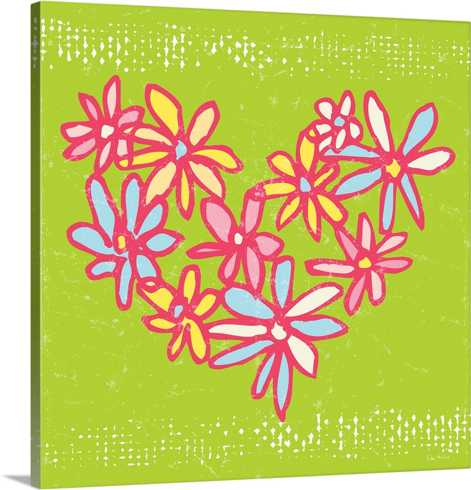 A pen and ink illustrated heart made out of colored daisies on a green background.