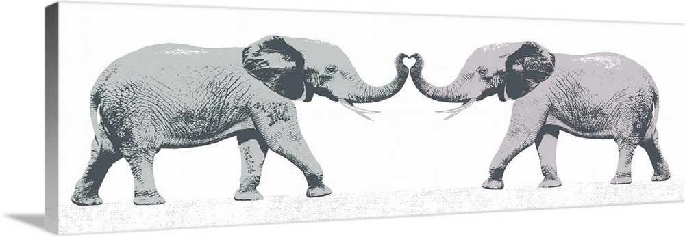 Graphic art of two elephants with trunks touching forming the shape of a love heart.