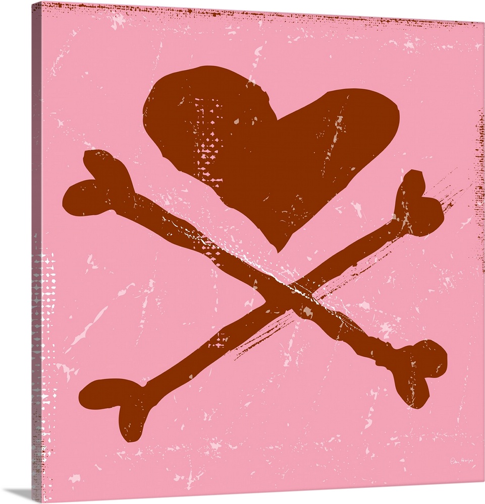 A illustrated skull and crossbones, the skull in the shape of a heart on a pink background