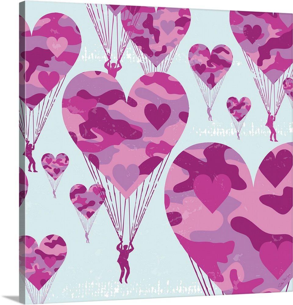 Graphic art of paratroopers with pink camoflauge parachutes in the shape of hearts.