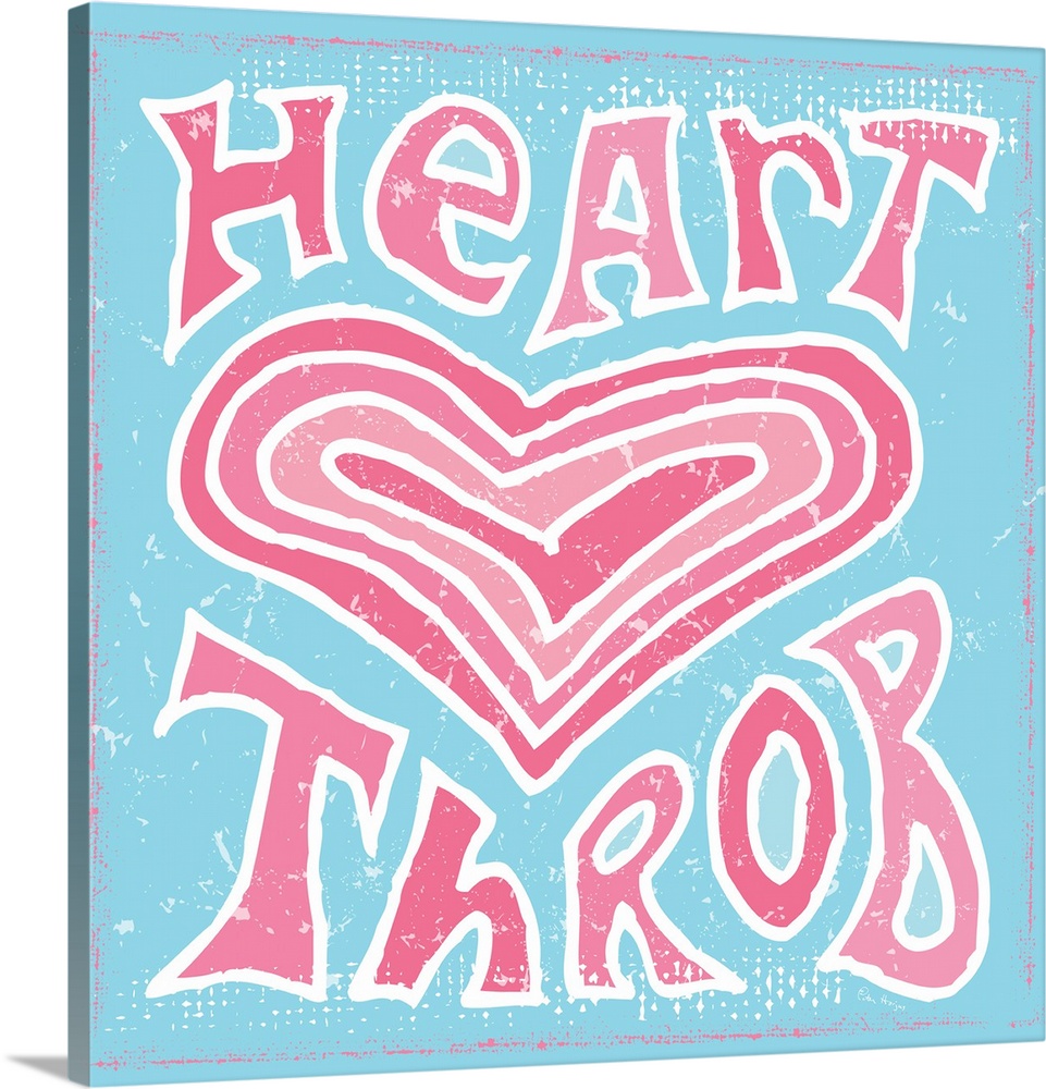 Hand lettered phrase "Heart Throb" around an image of a heart on a light blue background.