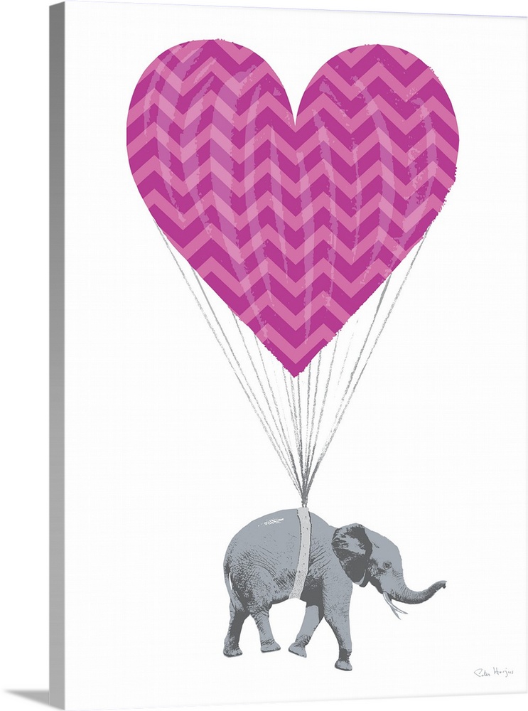Graphic art of an elephant paratrooper with a parachute in the shape of a love heart.
