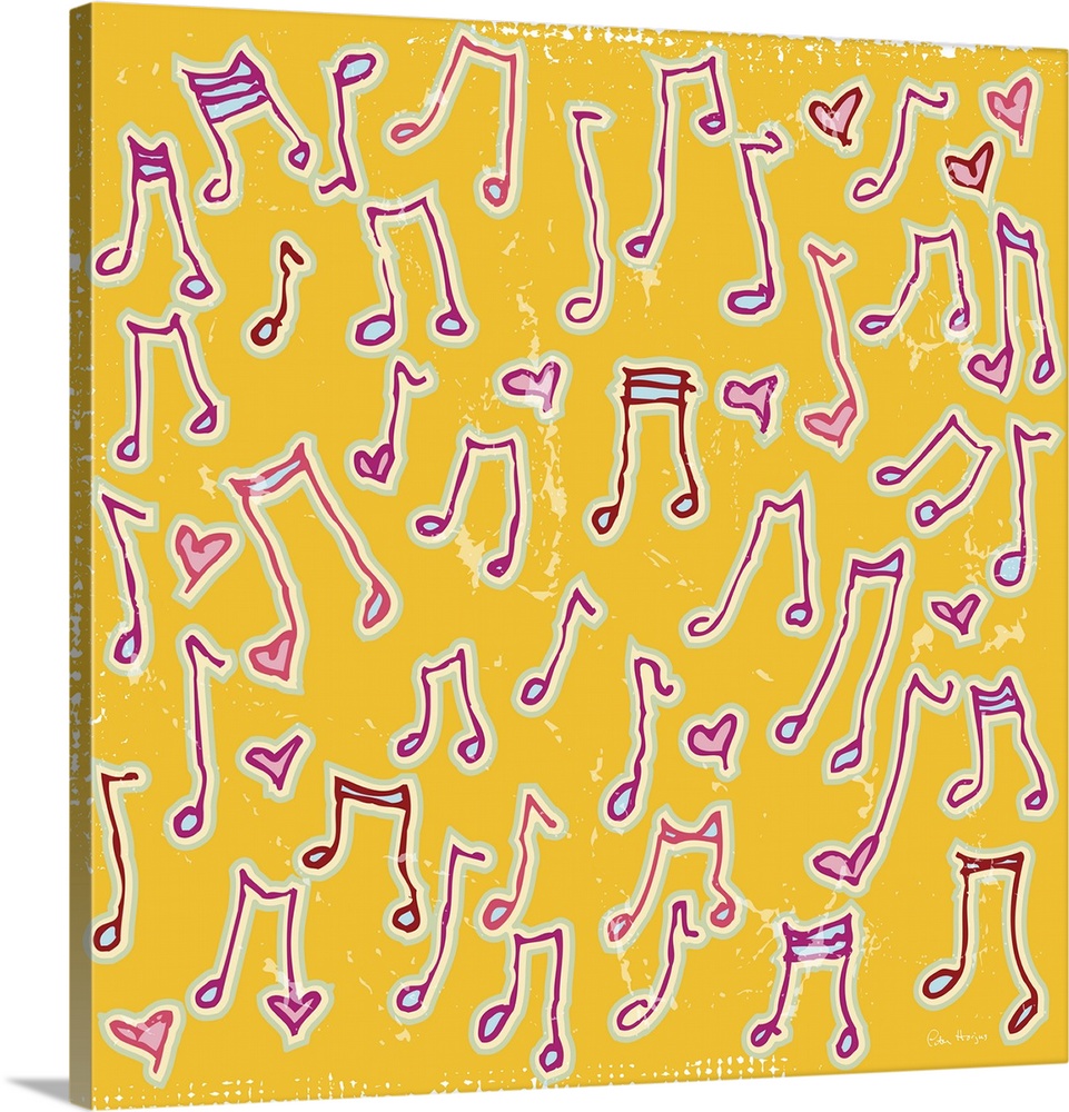A pattern of pen and ink illustrated musical notes on a yellow background.