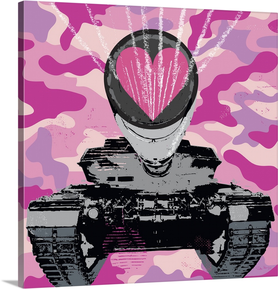 Graphic art of a military tank shooting out a love heart with a pink camoflauge background.
