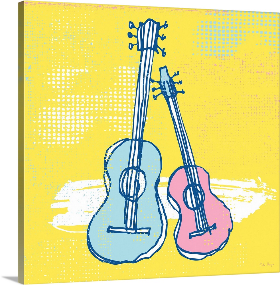 Two pen and ink illustrated guitars leaning on each other on a pale yellow background.