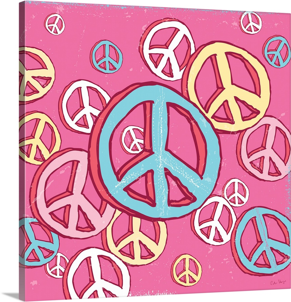 A group of illustrated peace signs, from large to small peace signs on a pink background.