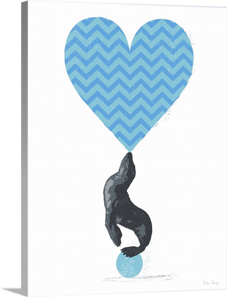 Graphic art of a seal balancing a large blue chevron heart on its nose standing on a blue ball.
