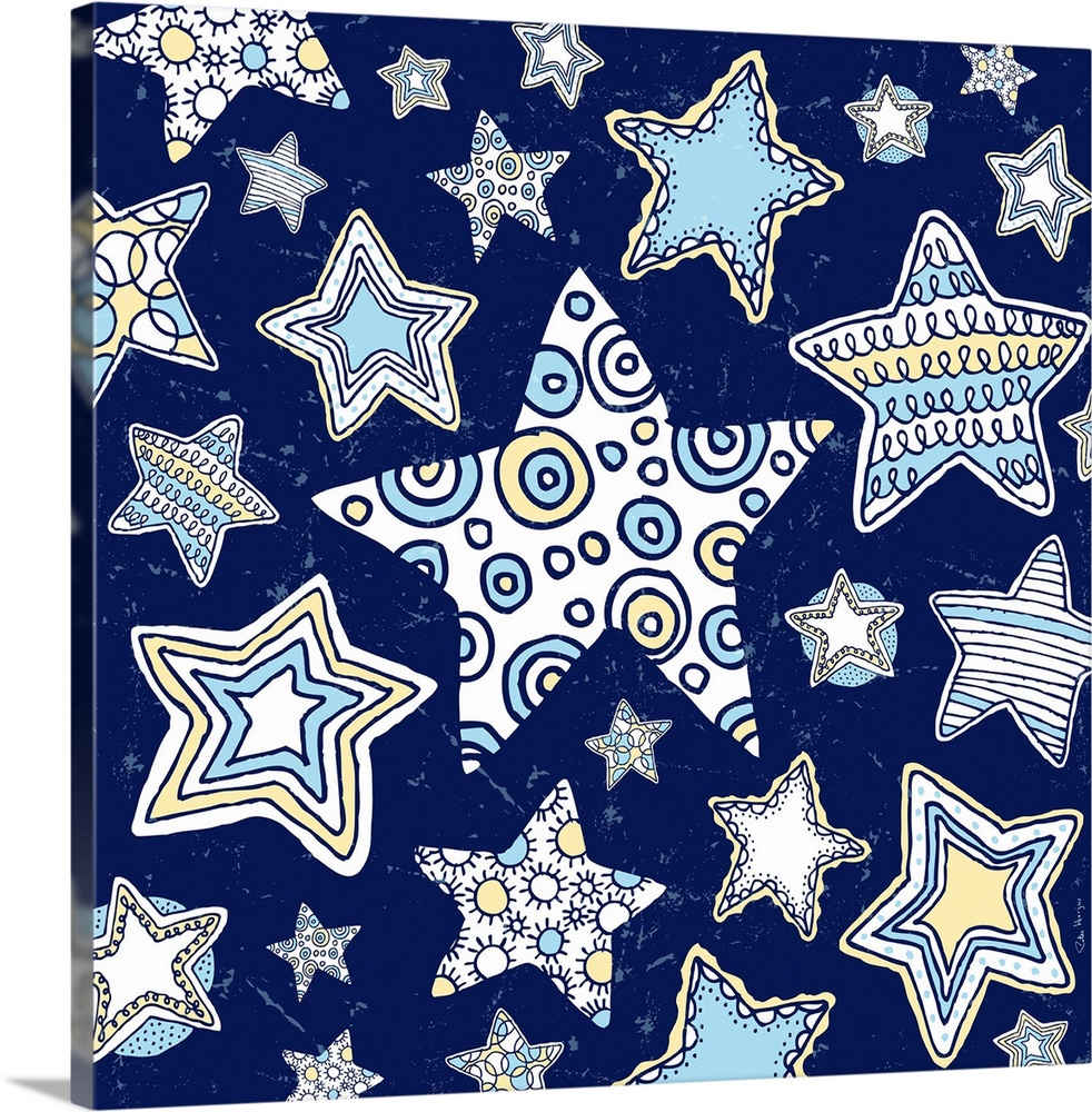 A group of pen and ink illustrated stars, from large to small stars on a midnight blue background.