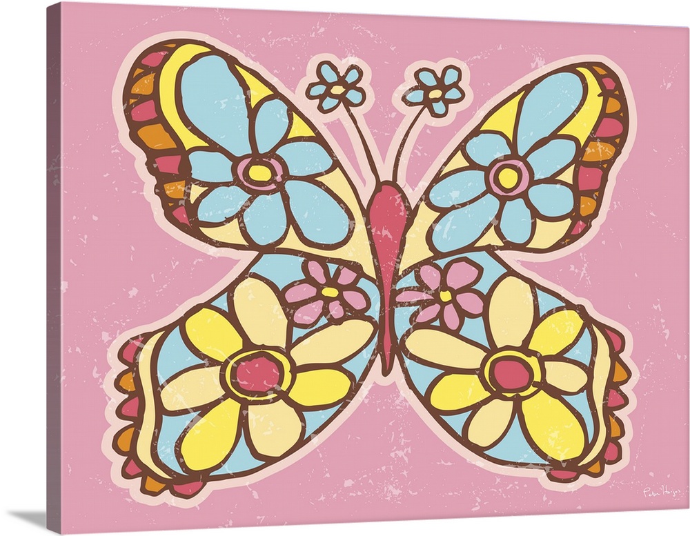 A pen and ink illustrated butterfly with flowers on a pink background.