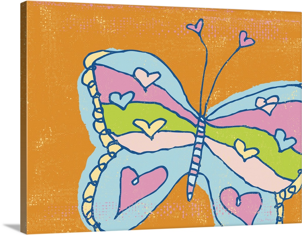 A pen and ink illustrated butterfly with hearts on an orange background.