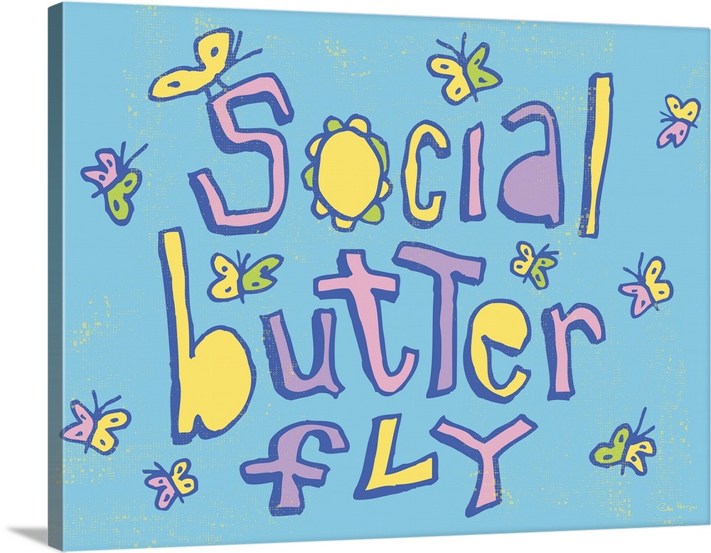 Pen and Ink illustration artwork of small butterflies hovering all over the phrase "Social Butterfly"