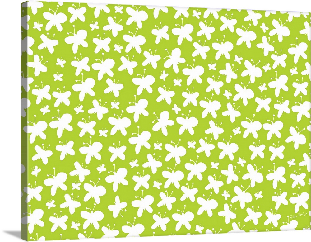 Graphic repeat pattern of white butterflies on a green background.