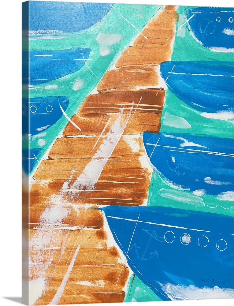 Painting of an abstract boat dock with boats in the boat slips.
