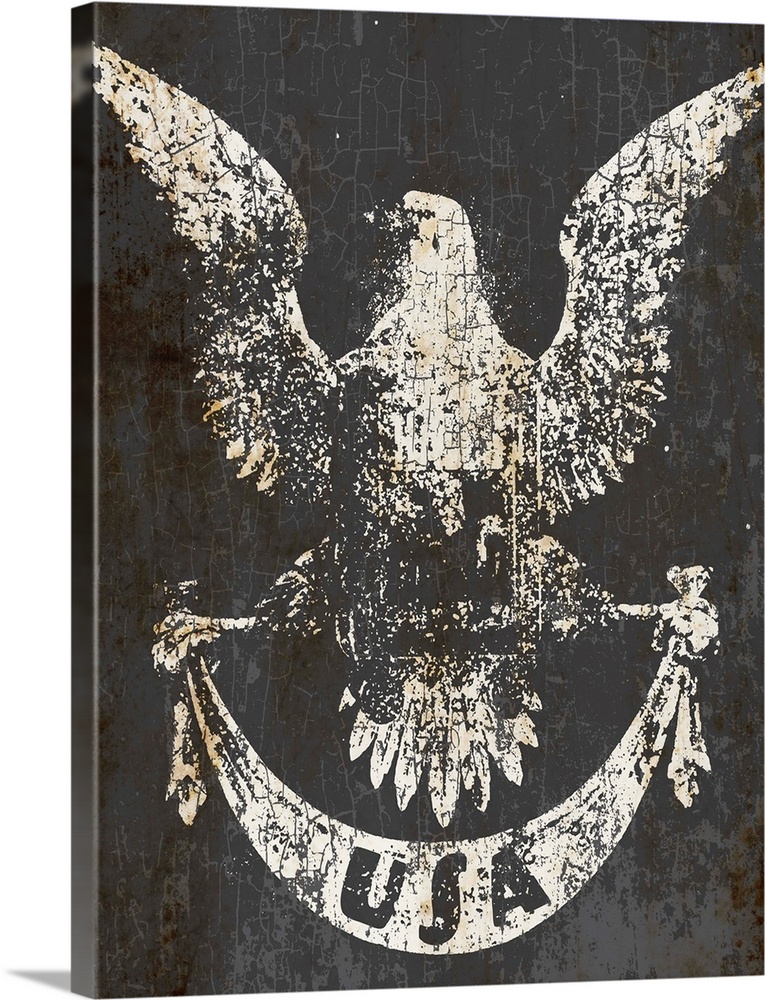 Distressed image of an American eagle with "USA" typography on a ribbon on a gray and rust background.