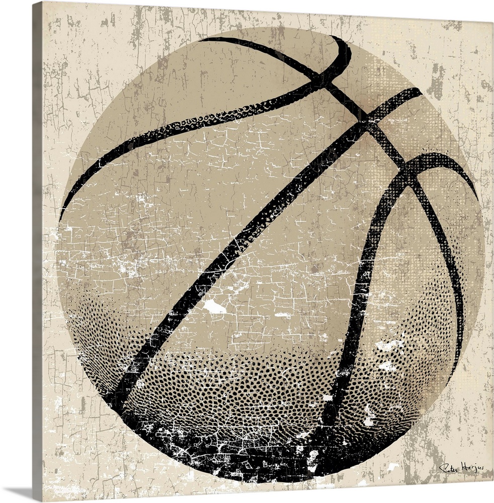 Vintage style wall art of an old distressed basketball on tan and sepia background.