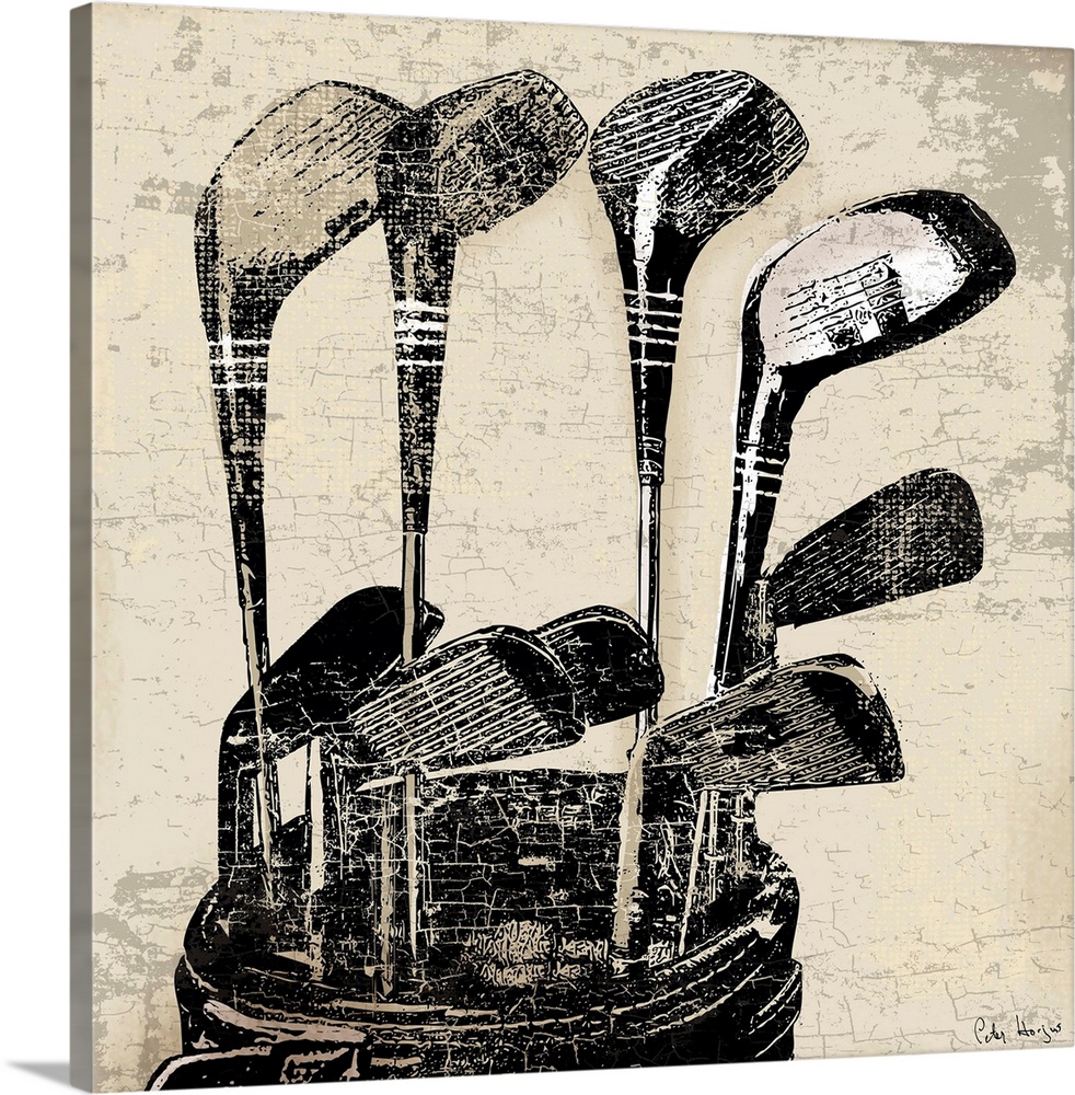 Vintage style wall art of an old distressed golf clubs on tan and sepia background.