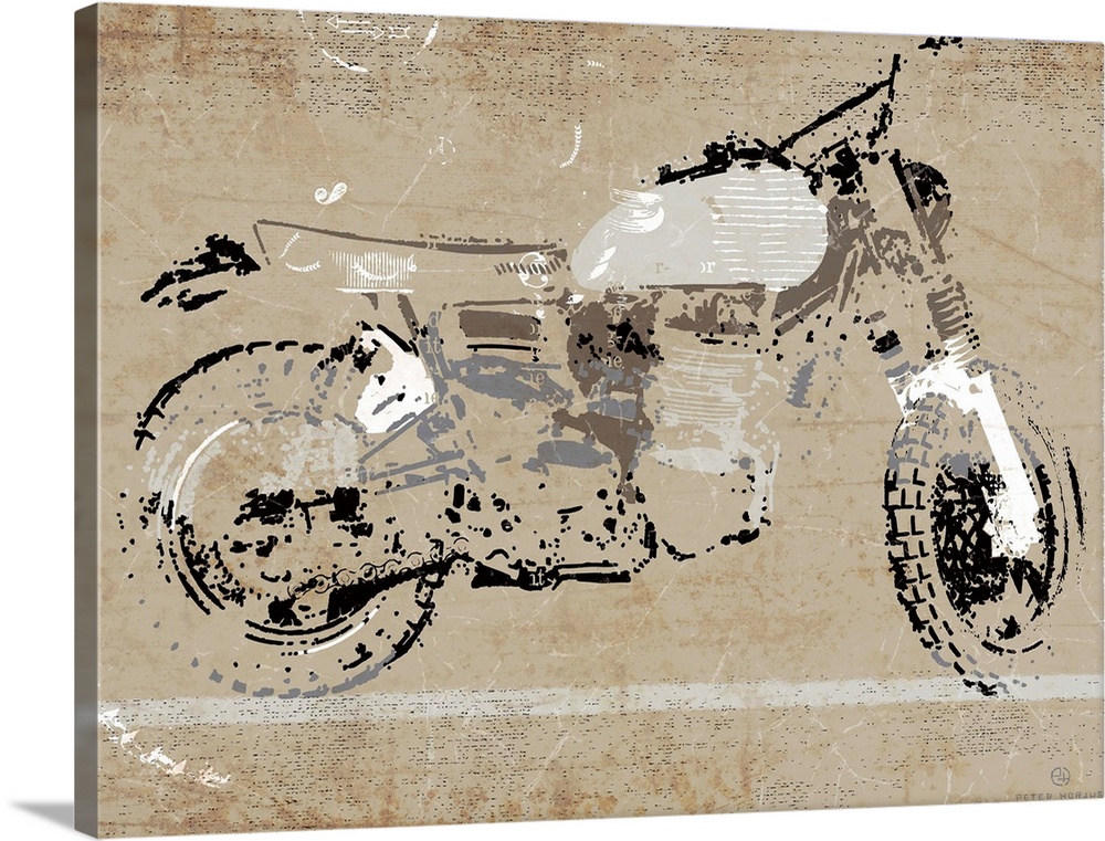 A gray, black and tan vintage motorcycle minimalist art sketch on a gray rust background.