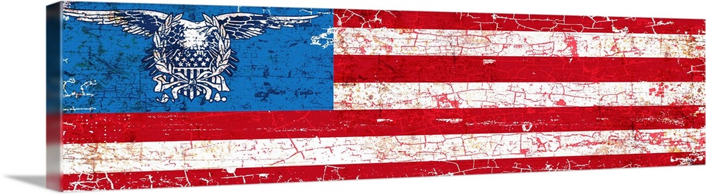 Vintage rusty 1890's distressed trade sign wall art of a long horizontal stylized American flag with an eagle in star area.