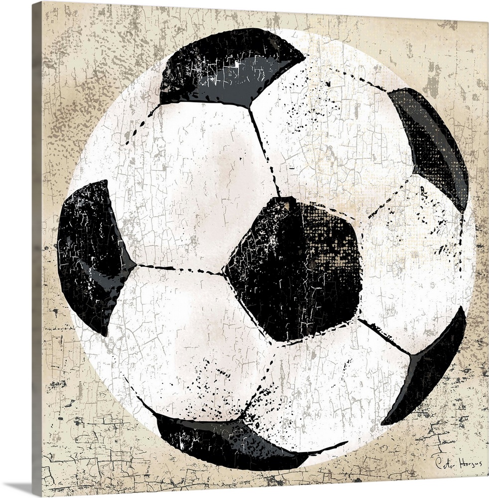 Vintage style wall art of an old distressed soccer ball on tan and sepia background.